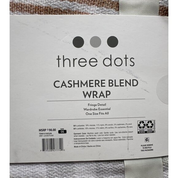 Three Dots Cashmere Blend Wrap With Fringe Detail In Grey Louisa Plaid  One Size - Picture 6 of 6